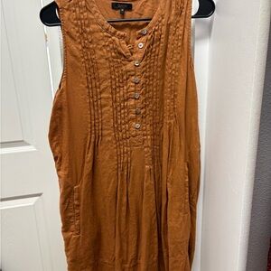 Burnt Orange linen Sleeveless dress with Button Accents